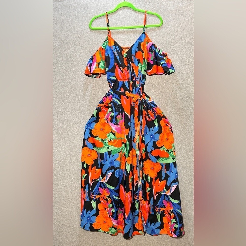 Tropical Floral Cold Shoulder Maxi Dress Belted Slit LARGE summer spring - Picture 8 of 9